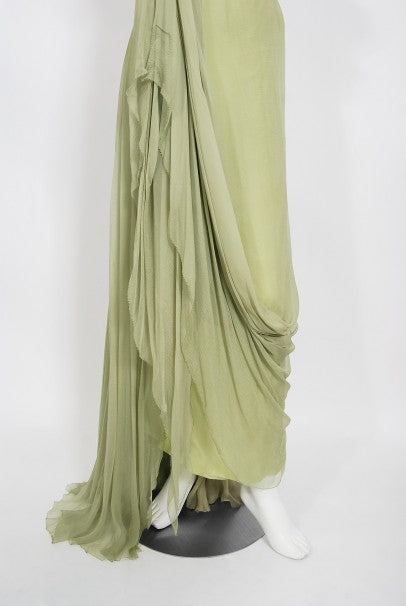 1950&#39;s Howard Greer Couture Sage-Green Draped Chiffon Strapless Gown