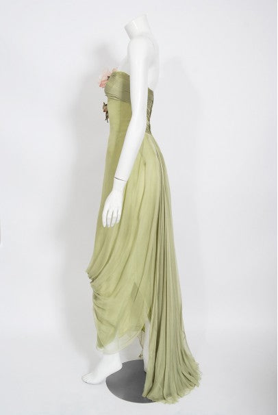 1950&#39;s Howard Greer Couture Sage-Green Draped Chiffon Strapless Gown