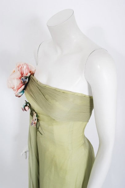 1950&#39;s Howard Greer Couture Sage-Green Draped Chiffon Strapless Gown