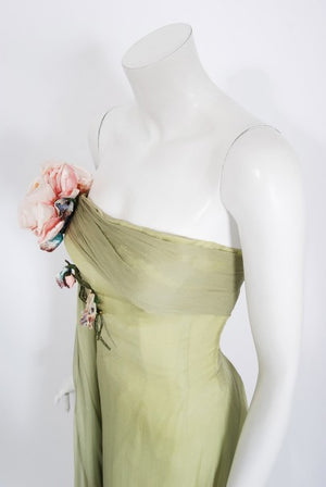 1950's Howard Greer Couture Sage-Green Draped Chiffon Strapless Gown