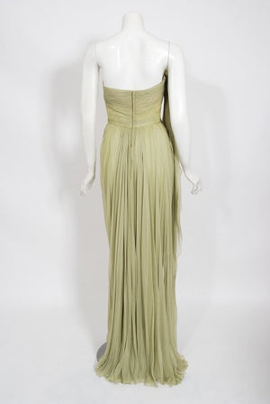 1950's Howard Greer Couture Sage-Green Draped Chiffon Strapless Gown