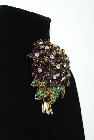 1990's Iradj Moini Signed Over-Sized Purple Floral Crystal Brooch & Earring Set