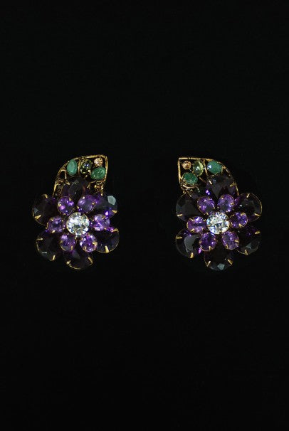 1990's Iradj Moini Signed Over-Sized Purple Floral Crystal Brooch & Earring Set