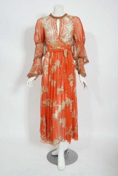 1971 Ossie Clark Documented Celia Birtwell Print Silk Chiffon Wrap Dress