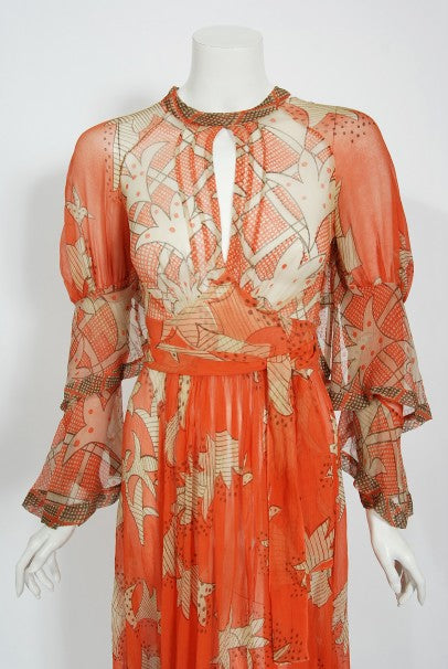 1971 Ossie Clark Documented Celia Birtwell Print Silk Chiffon Wrap Dress