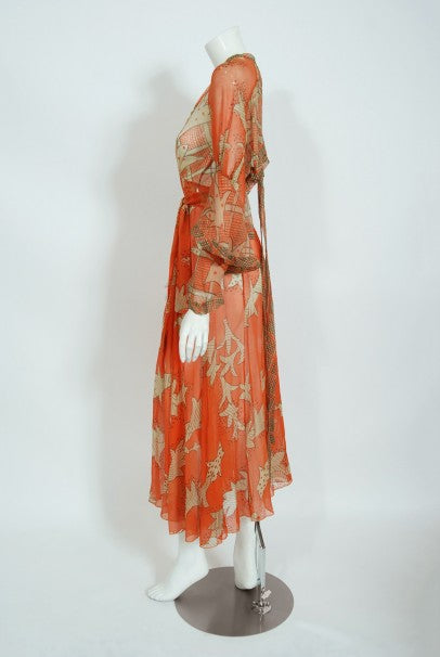 1971 Ossie Clark Documented Celia Birtwell Print Silk Chiffon Wrap Dress