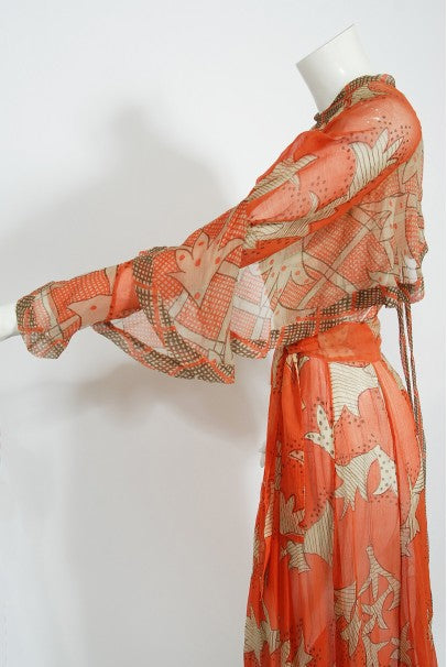 1971 Ossie Clark Documented Celia Birtwell Print Silk Chiffon Wrap Dress