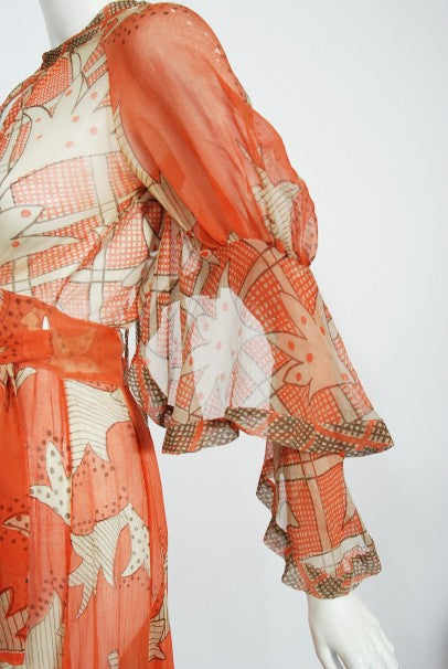 1971 Ossie Clark Documented Celia Birtwell Print Silk Chiffon Wrap Dress