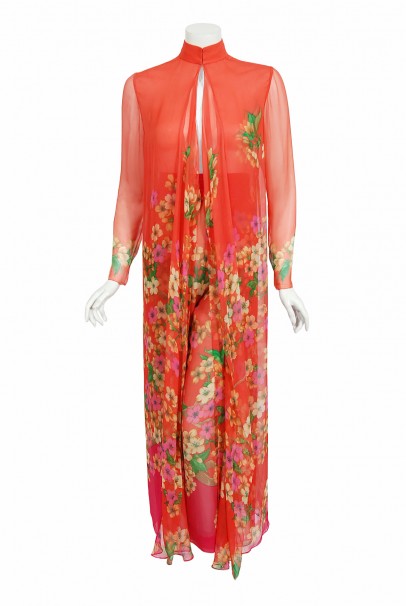 1969 Hanae Mori Couture Floral Silk-Chiffon Full Length Jacket &amp; Pants