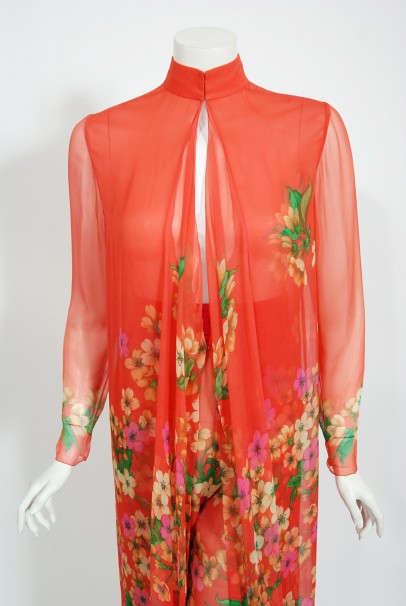 1969 Hanae Mori Couture Floral Silk-Chiffon Full Length Jacket & Pants