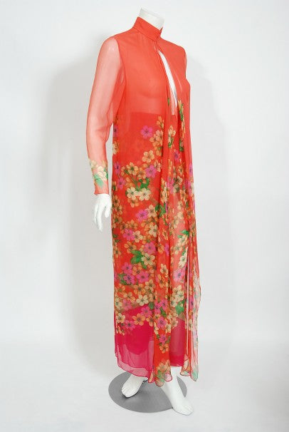 1969 Hanae Mori Couture Floral Silk-Chiffon Full Length Jacket &amp; Pants