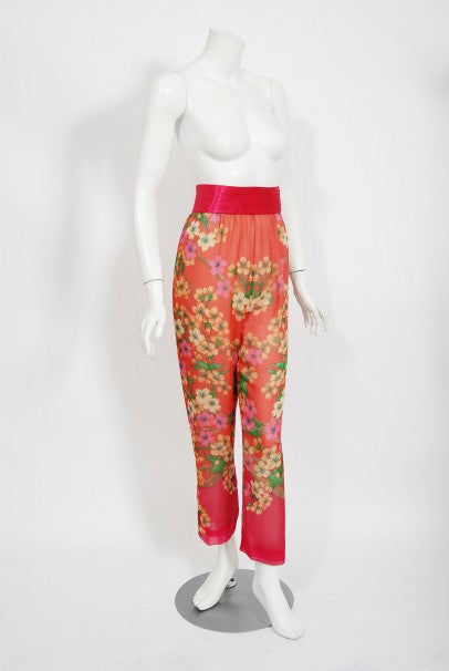 1969 Hanae Mori Couture Floral Silk-Chiffon Full Length Jacket &amp; Pants