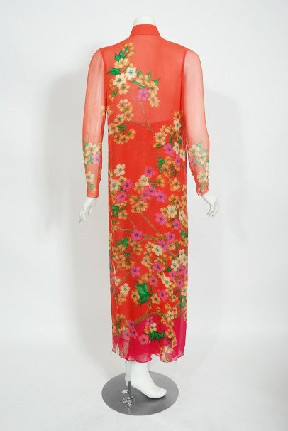 1969 Hanae Mori Couture Floral Silk-Chiffon Full Length Jacket &amp; Pants