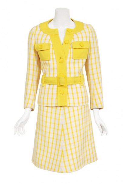 1967 Courreges Couture Yellow White Checkered Wool Belted Jacket &amp; Skirt