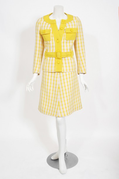 1967 Courreges Couture Yellow White Checkered Wool Belted Jacket & Skirt