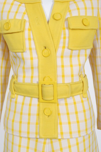 1967 Courreges Couture Yellow White Checkered Wool Belted Jacket &amp; Skirt