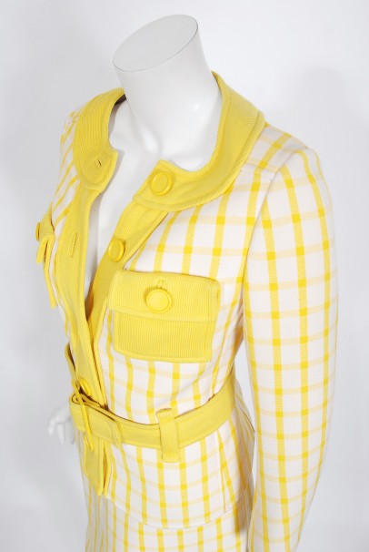 1967 Courreges Couture Yellow White Checkered Wool Belted Jacket &amp; Skirt