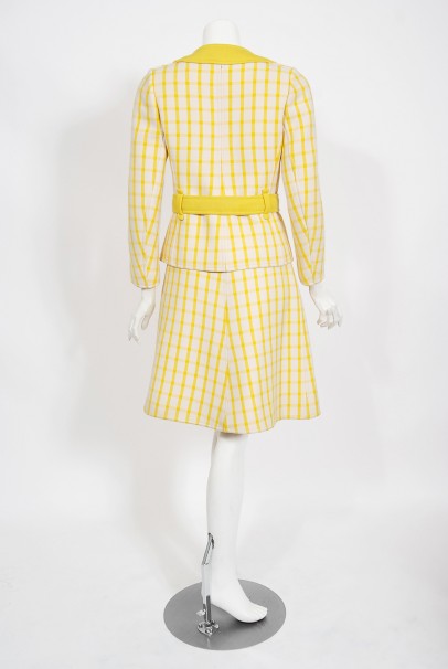 1967 Courreges Couture Yellow White Checkered Wool Belted Jacket &amp; Skirt