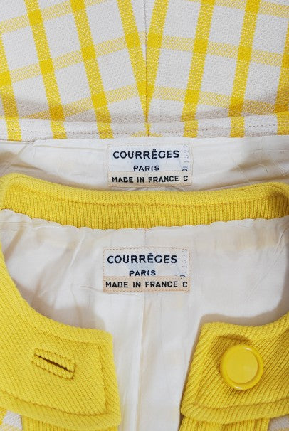 1967 Courreges Couture Yellow White Checkered Wool Belted Jacket &amp; Skirt