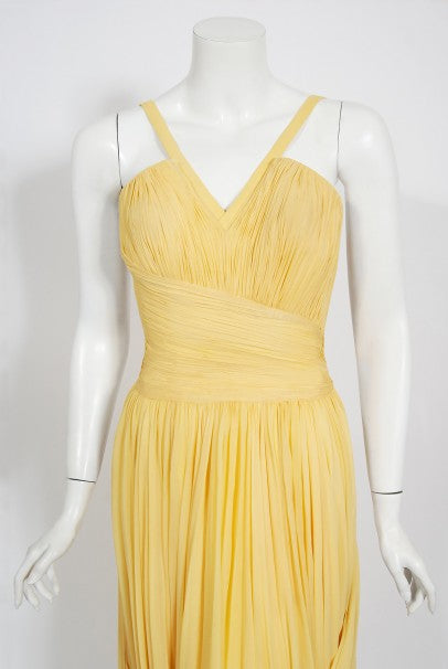 1954 Jean Dessès Haute Couture Attributed Pleated Yellow Silk-Chiffon Draped Gown