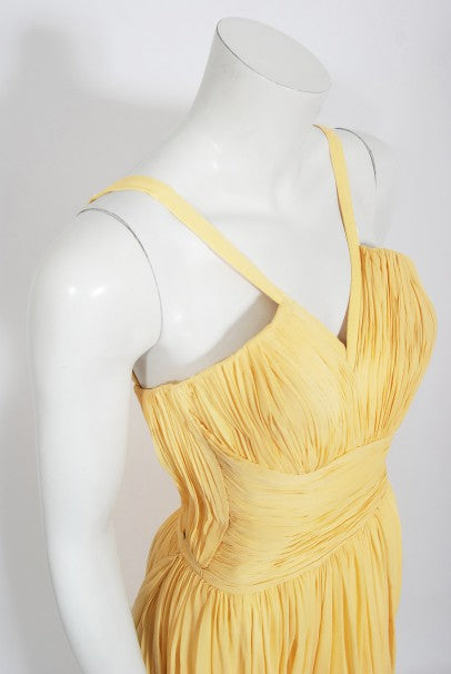 1954 Jean Dessès Haute Couture Attributed Pleated Yellow Silk-Chiffon Draped Gown