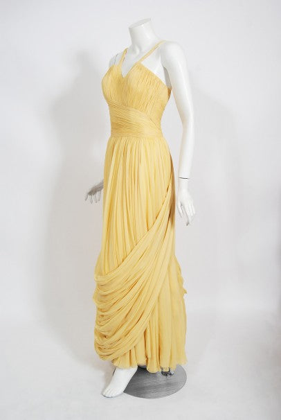 1954 Jean Dessès Haute Couture Attributed Pleated Yellow Silk-Chiffon Draped Gown