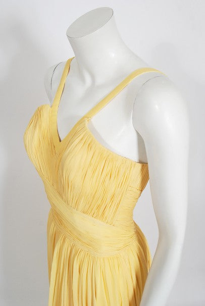 1954 Jean Dessès Haute Couture Attributed Pleated Yellow Silk-Chiffon Draped Gown