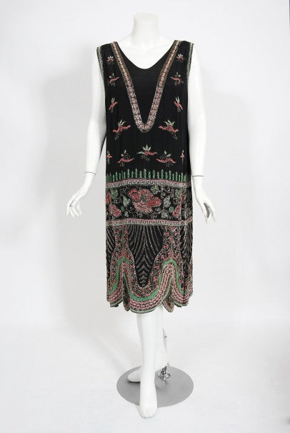 1920&#39;s Jean Patou Haute Couture Attributed Beaded Floral Silk Deco Dress