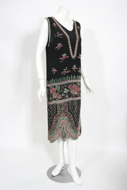 1920&#39;s Jean Patou Haute Couture Attributed Beaded Floral Silk Deco Dress