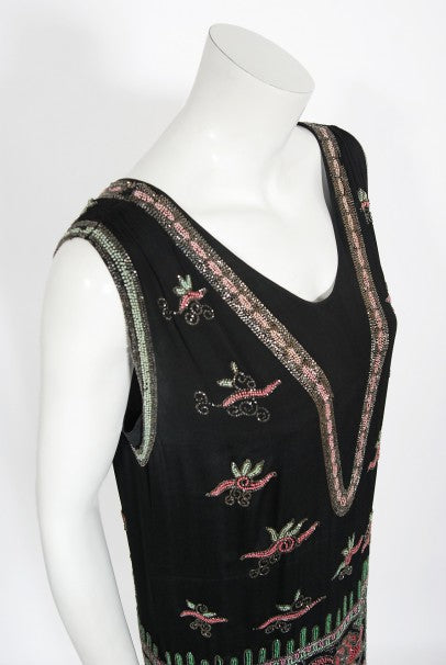 1920&#39;s Jean Patou Haute Couture Attributed Beaded Floral Silk Deco Dress