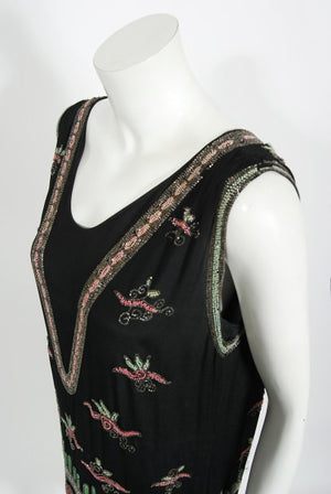 1920's Jean Patou Haute Couture Attributed Beaded Floral Silk Deco Dress