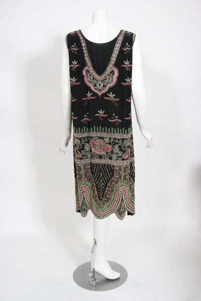1920&#39;s Jean Patou Haute Couture Attributed Beaded Floral Silk Deco Dress