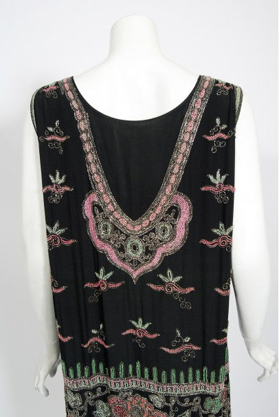 1920&#39;s Jean Patou Haute Couture Attributed Beaded Floral Silk Deco Dress