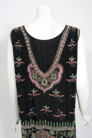 1920's Jean Patou Haute Couture Attributed Beaded Floral Silk Deco Dress