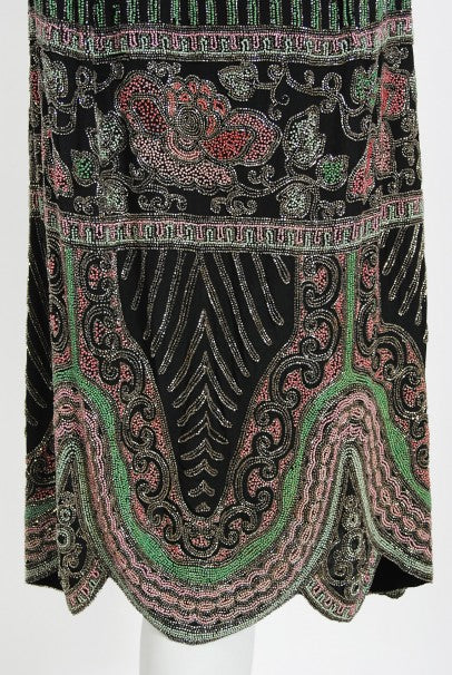 1920&#39;s Jean Patou Haute Couture Attributed Beaded Floral Silk Deco Dress