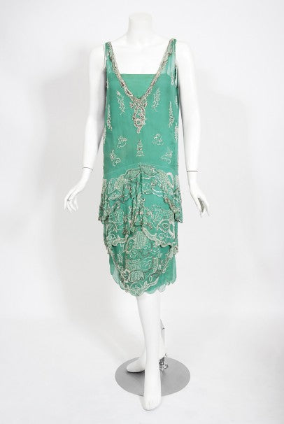 1920's Jean Patou Haute Couture Attributed Seafoam Beaded Chiffon Dress