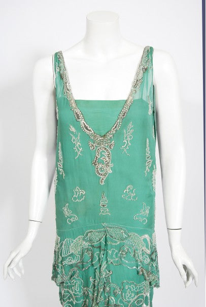 1920&#39;s Jean Patou Haute Couture Attributed Seafoam Beaded Chiffon Dress