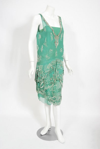 1920&#39;s Jean Patou Haute Couture Attributed Seafoam Beaded Chiffon Dress
