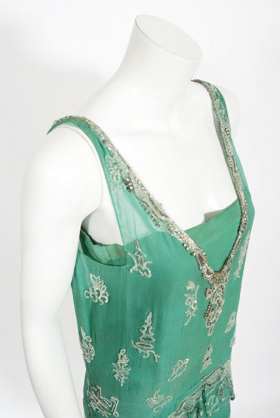 1920&#39;s Jean Patou Haute Couture Attributed Seafoam Beaded Chiffon Dress