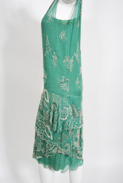 1920&#39;s Jean Patou Haute Couture Attributed Seafoam Beaded Chiffon Dress