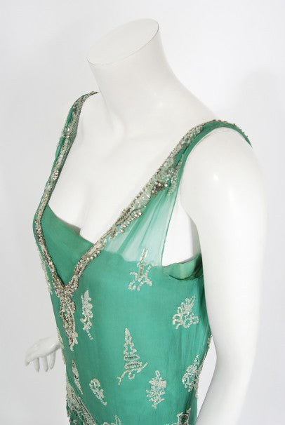 1920&#39;s Jean Patou Haute Couture Attributed Seafoam Beaded Chiffon Dress