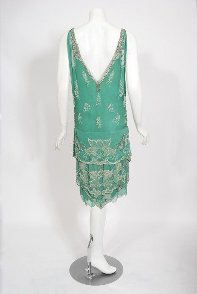 1920&#39;s Jean Patou Haute Couture Attributed Seafoam Beaded Chiffon Dress