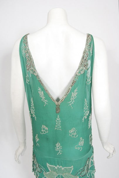 1920&#39;s Jean Patou Haute Couture Attributed Seafoam Beaded Chiffon Dress