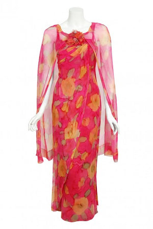 1960's Jean LeFebure Couture Watercolor Floral Silk Chiffon Dress & Cape