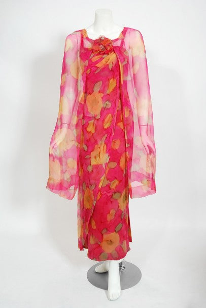 1960's Jean LeFebure Couture Watercolor Floral Silk Chiffon Dress & Cape