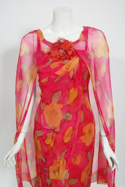 1960's Jean LeFebure Couture Watercolor Floral Silk Chiffon Dress & Cape