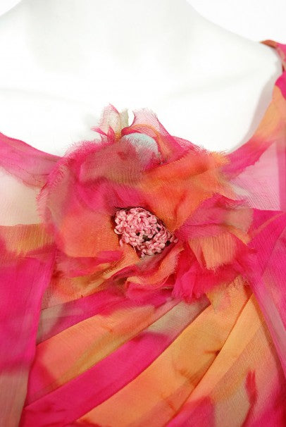 1960's Jean LeFebure Couture Watercolor Floral Silk Chiffon Dress & Cape