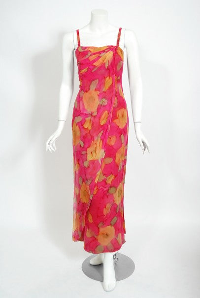 1960's Jean LeFebure Couture Watercolor Floral Silk Chiffon Dress & Cape