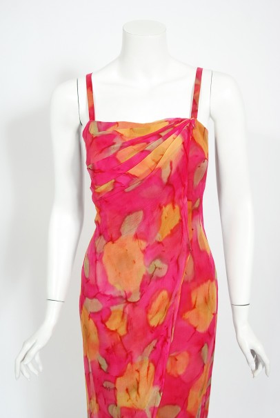 1960's Jean LeFebure Couture Watercolor Floral Silk Chiffon Dress & Cape