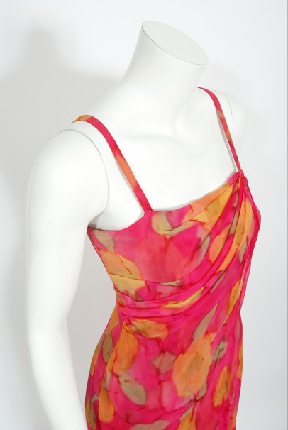 1960's Jean LeFebure Couture Watercolor Floral Silk Chiffon Dress & Cape